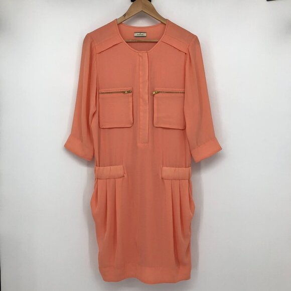 By Malene Birger Peach  Crepe Maryam Dress gold zipper pockets elastic waistband - Picture 3 of 16